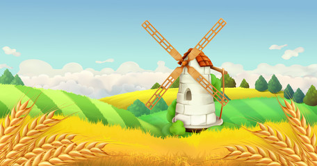 Wheat field. Windmill landscape. Horizontal background, vector © Natis