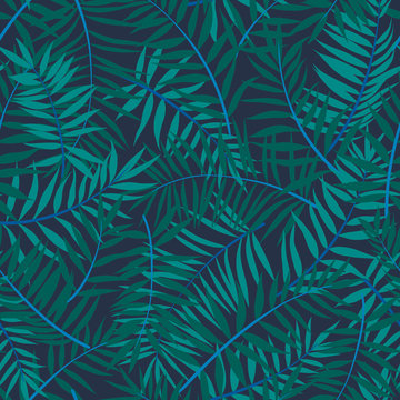 vector seamless tropical foliage pattern, tropics nature, palm leaves pattern, bright graphical summer background allover print design © seninaekaterina