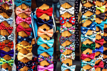 Set of bow-ties. Collection set of colorful ribbon bows on the market.