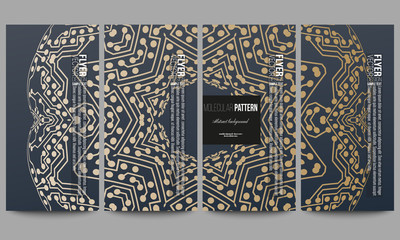 Set of modern flyers. Golden microchip pattern, abstract template with connecting dots and lines, connection structure. Digital scientific vector background