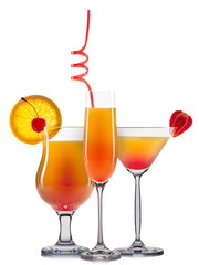 Set of orange cocktails with decoration from fruits and colorful straw isolated on white background