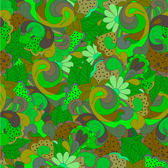 Seamless pattern with  green and brown swirls, flowers and leaves, can be used for wallpaper, pattern fills, web page background,surface textures,  textiles, cards, postcards
