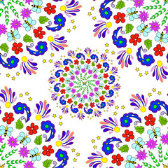 Children's seamless summer pattern mandala with flowers, leaves and bees on white background, can be used for wallpaper, pattern fills, web page background,surface textures.
