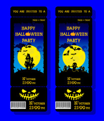 Set of Halloween ticket on holiday party with pumpkin, scary trees, moon and monster bats on dark blue gradient background. Letters from bones. Cartoon style. Vector illustration