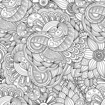 Doodle black and white abstract hand drawn vector background. Wavy zentangle style seamless pattern.
