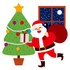 Happy Santa Claus bringing Christmas gifts and delivering presents under tree