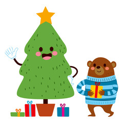 Cute bear holding gift next to christmas tree with presents