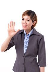 business woman pointing up five finger