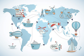 Travel set. Icons collection on the world map. © goodreason