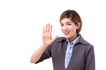 business woman pointing up five finger