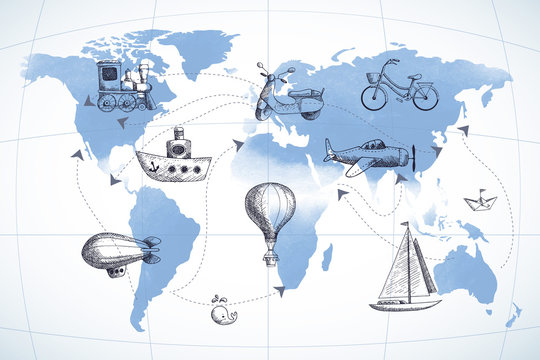 Travel set. Icons collection on the world map.