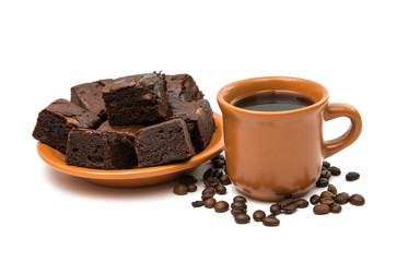 Chocolate brownies  and cup of coffee