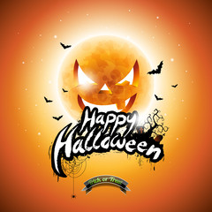 Vector Happy Halloween illustration with typographic elements and pumpkin moon on orange background.