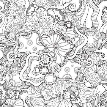 Doodle black and white abstract hand drawn vector background. Wavy zentangle style seamless pattern.