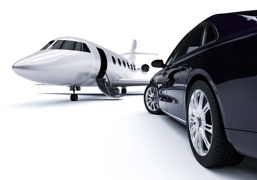 Luxurious Car And Airplane / 3D  render image representing Luxurious Car And Airplane 