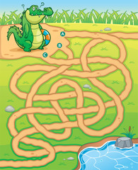 Fototapeta premium Vector Illustration of Education Maze Game Crocodile to pond