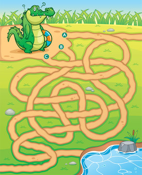 Vector Illustration of Education Maze Game Crocodile to pond
