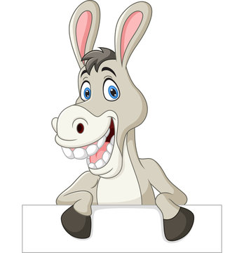Cartoon funny donkey holding blank sign 