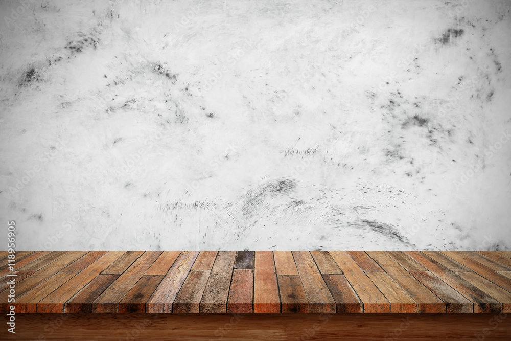 Poster empty wooden table with bare concrete wall background.