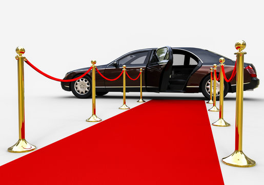 Waiting limousine  / 3D render image representing a high class limousine with a open door waiting at the end of a red carpet