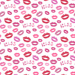 Lipstick kiss print. Vector fashion seamless pattern for textile or wrapping. Valentines day background with color lips