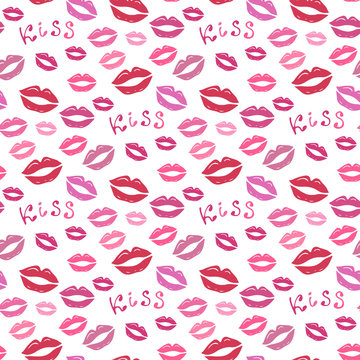 Lipstick kiss print. Vector fashion seamless pattern for textile or wrapping. Valentines day background with color lips