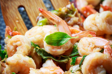 close up prawns spicy with hot basin