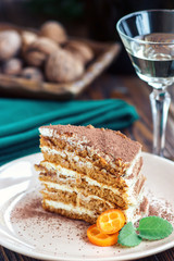 Slice of layered honey cake.