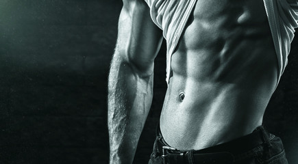 Fototapeta na wymiar Fit strong man showing his perfect abs -- monochrome stylized ph