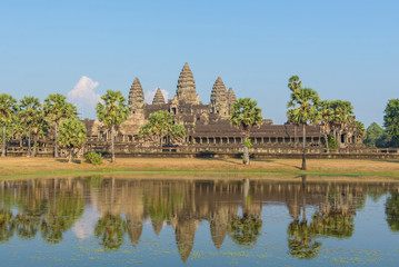 Angkor Wat Temple seen across the lake in Siem reap at Cambodia