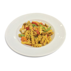 Fusilli with carrots and fresh tomatoes in white dish background.