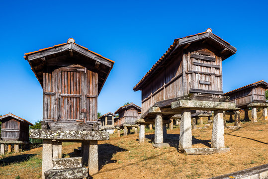 Horreos (granaries) of A Merca, the highest concentration of horreos in Galicia (Spain)