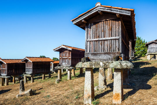 Horreos (granaries) of A Merca, the highest concentration of horreos in Galicia (Spain)