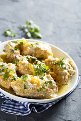 Rabbit, cooked with sour cream and vegetables