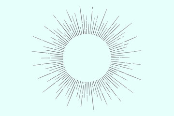 Light rays, sunburst and rays of sun. Linear drawing. Vintage hipster style. Light rays sunburst for retro logo, emblem. Vector Illustration