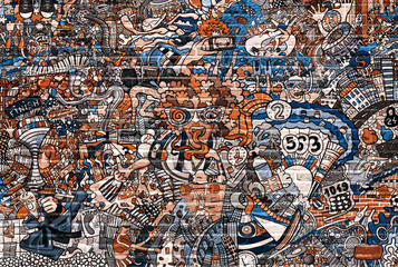 Sports collage on a large brick wall, graffiti - obrazy, fototapety, plakaty