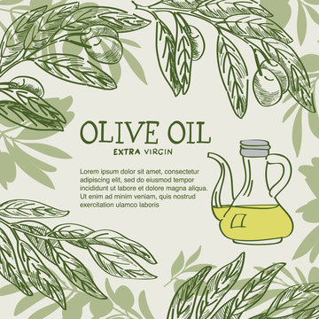 Olive oil banner design with hand drawn olive branches and cute bottle of oil.