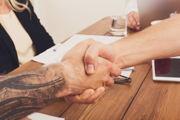 Business handshake at office meeting, contract conclusion and successful agreement