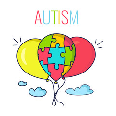 Autism awareness poster with colorful balloons. Balloon made of puzzle pieces as symbol of autism. Vector illustration.