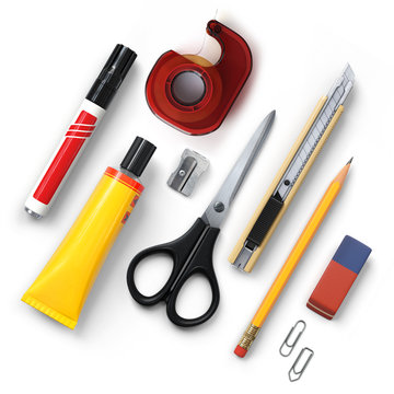 Office tools set.Marker.Tape dispenser.Glue.Sharpener.Scissors.Cutter knife.Pencil.Eraser.Clips.