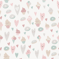 Beautiful seamless pattern of sweets on gray background