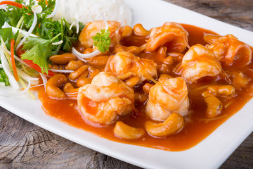 Thai food with prawns and cashew nuts