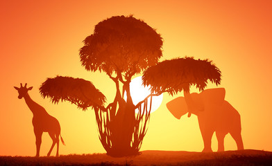 Fototapeta na wymiar Giraffe and elephant