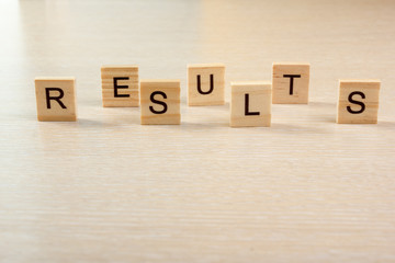 Results word. Succeed business success, be a winner in elections, pop poll or sports test, report, election result. Counting losses and profit, analyzing financial statistics