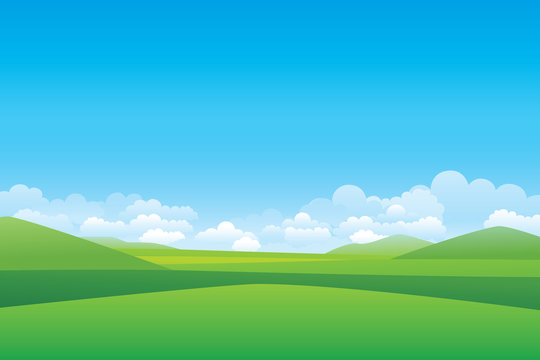 Green hill landscape.  Vector illustration of panorama view with green mountain landscape and cloud sky.