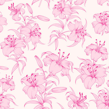 Lily flower seamless pattern with pink lilies over white background. Floral background in vintage style.