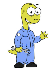 Illustration of a Brontosaurus mechanic.