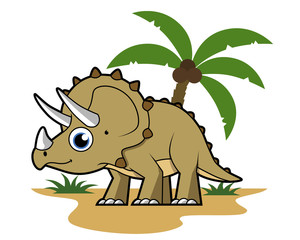 Cute illustration of a Triceratops in a tropical climate.