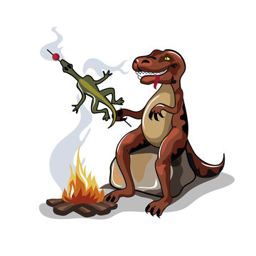 Illustration of a Tyrannosaurus Rex cooking food over a campfire.
