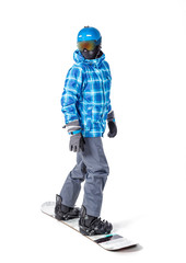Portrait of young man in sportswear with snowboard isolated on a white background.